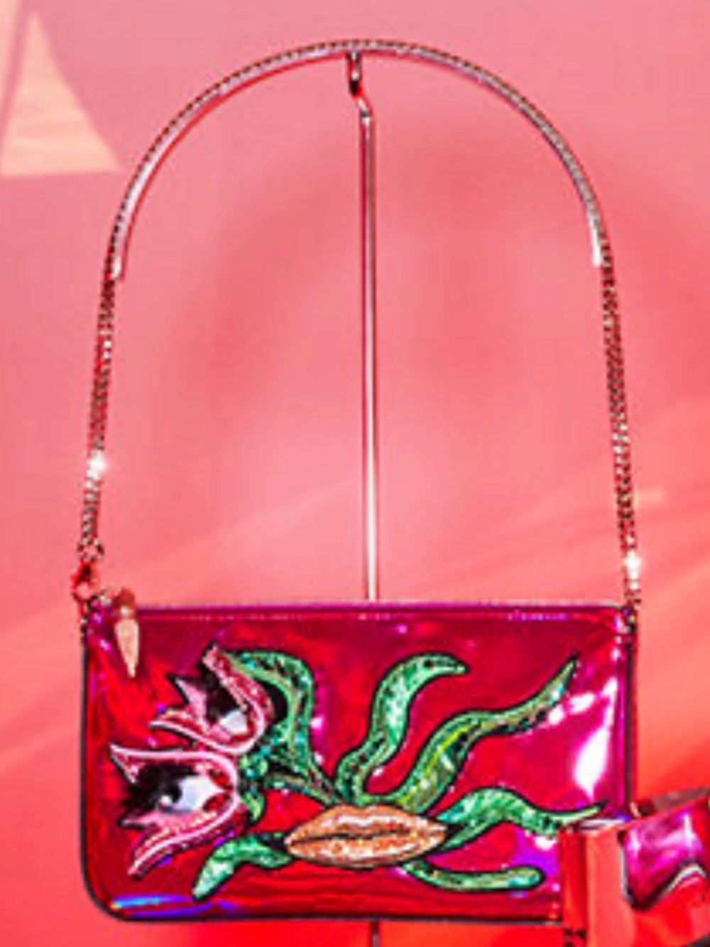 S Christian Louboutin Pink Floral Appliqué Zip Clutch with Green and Gold Accent